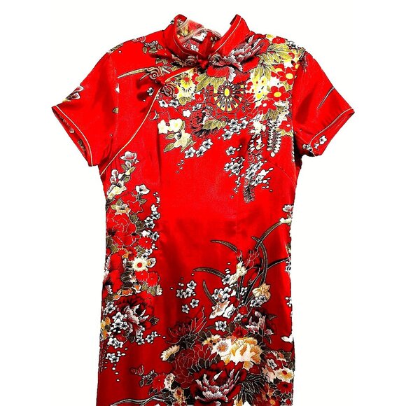 Asian Chinese Red Floral Dress S ? M? Mandarin Collar Short Slvs. Long Slits NWT - Picture 4 of 16